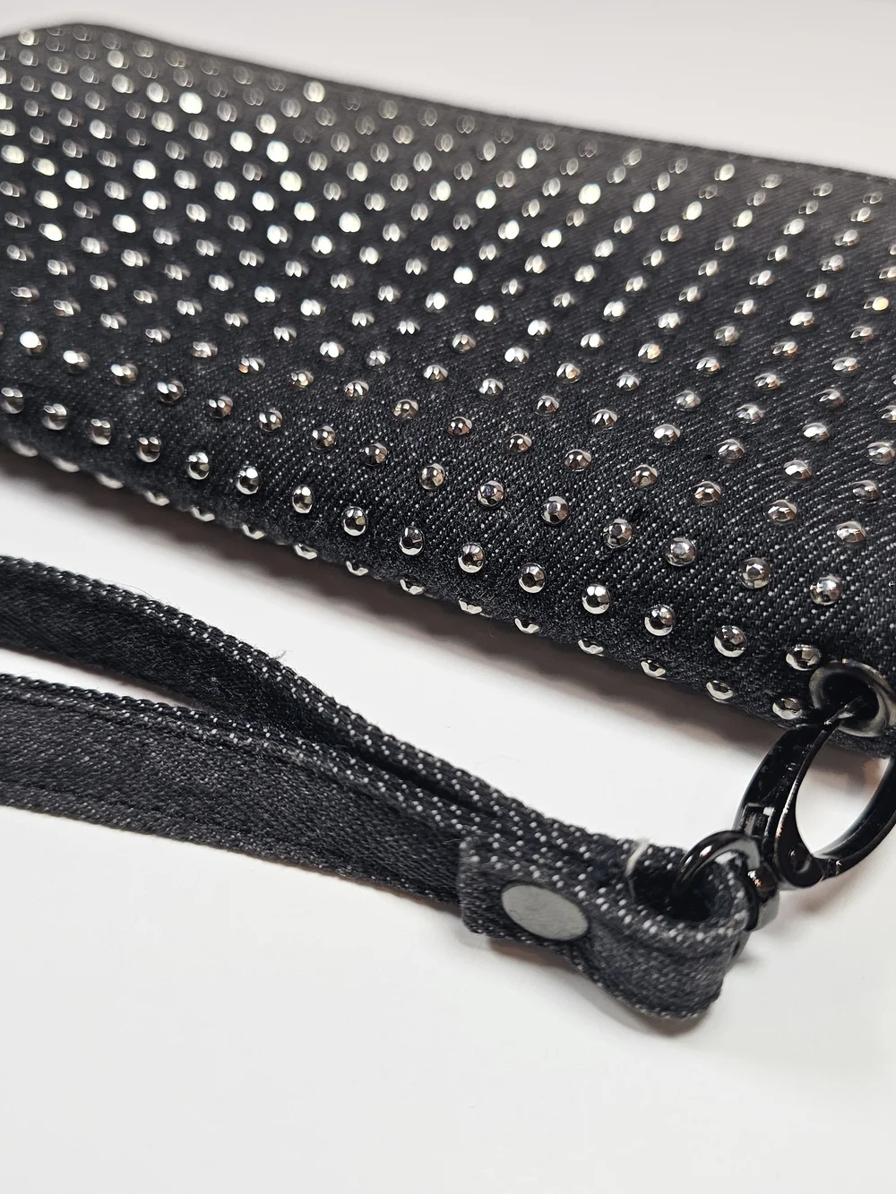 Black Denim Metal Studded Zip-Around Wristlet Wallet